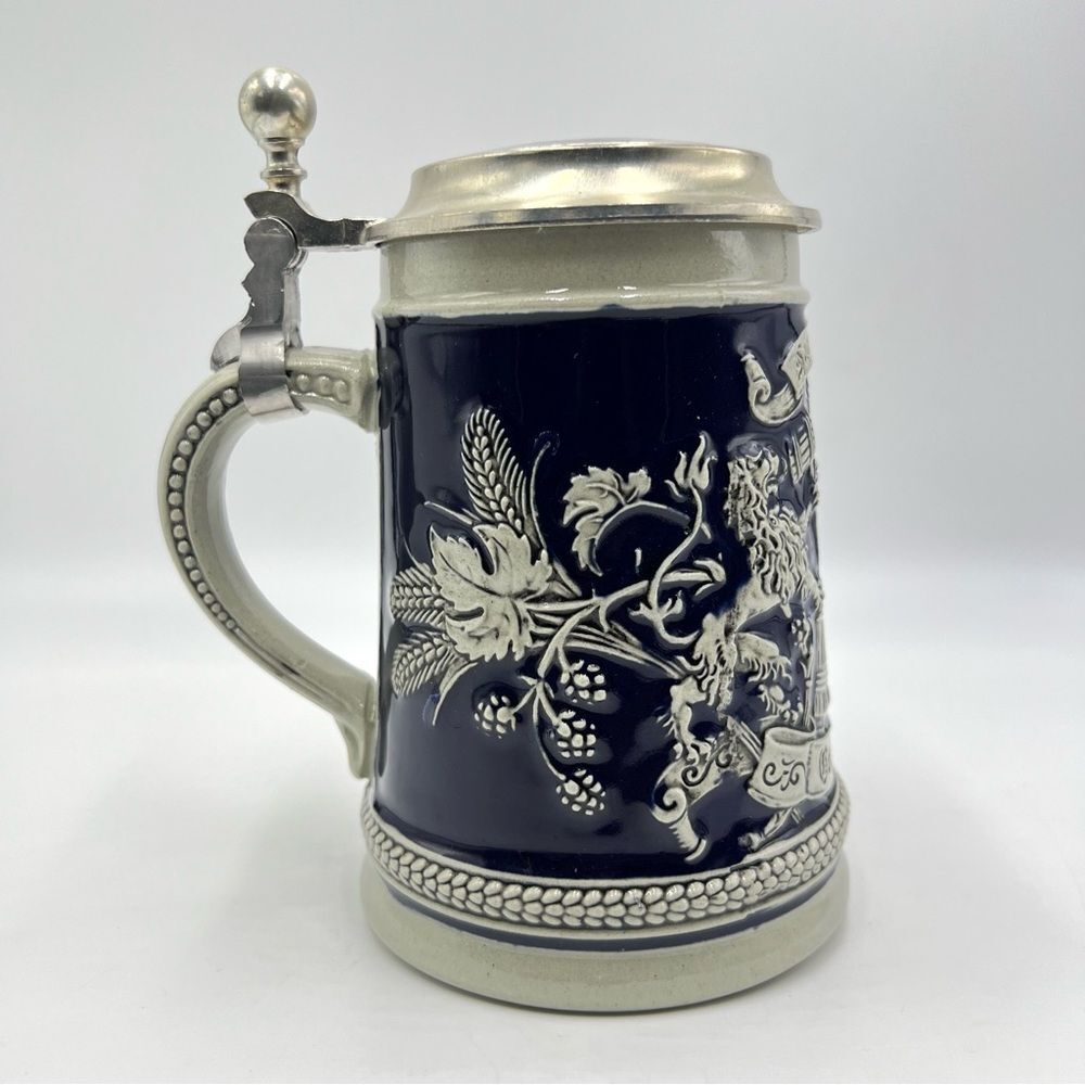 Vintage Cobalt Blue Salt Glaze Stoneware Lidded Beer Stein, Gerz West Germany